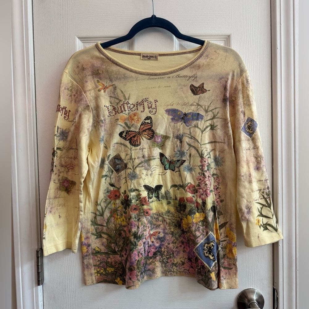 Vintage Y2K Studio Gem 3/4 Sleeve Butterfly Rhinestone Top Size Large